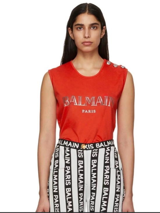 Balmain Tops - Balmain Red Short-Sleeve Logo Tee with Silver Buttons